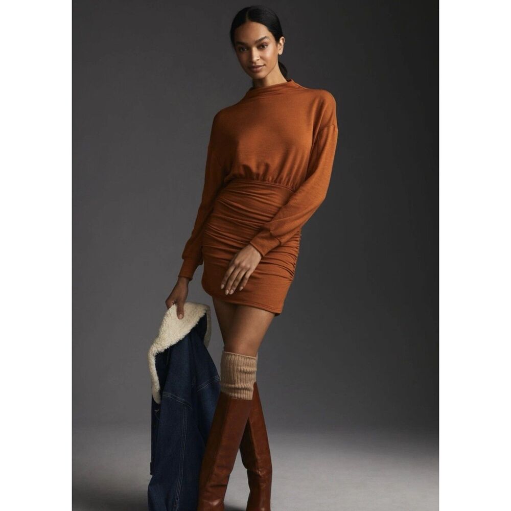 Anthropologie Daily Practice Orange Sweat Cozy Mini Dress Womens Small Mock Neck